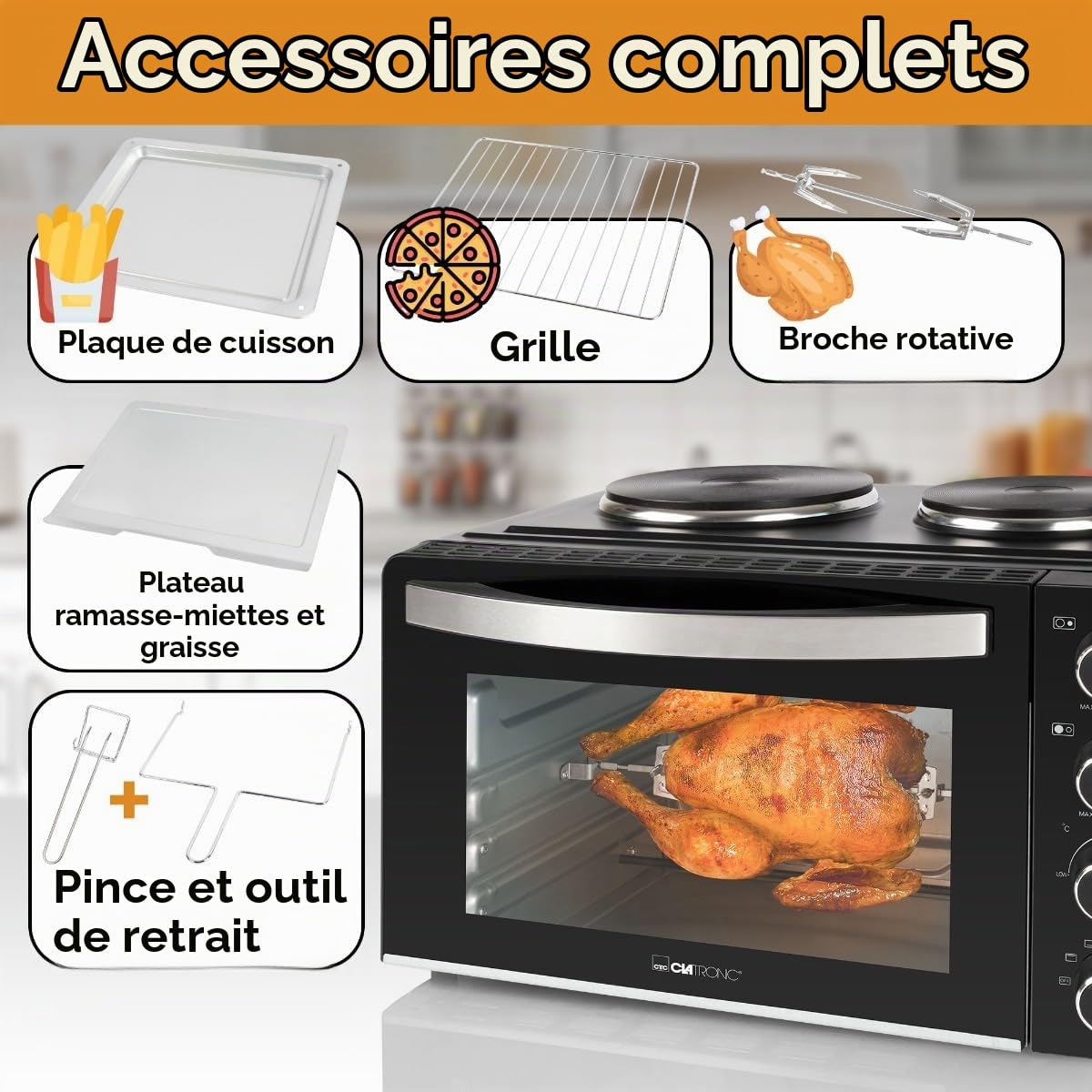 Clatronic® Mini-four avec plaques de cuisson et broche tournante | cuisson et rôtissage simultanés | mini-four à convection de 28 litres, chaleur supérieure/inferieure de 100° à 230°C | KK 3786