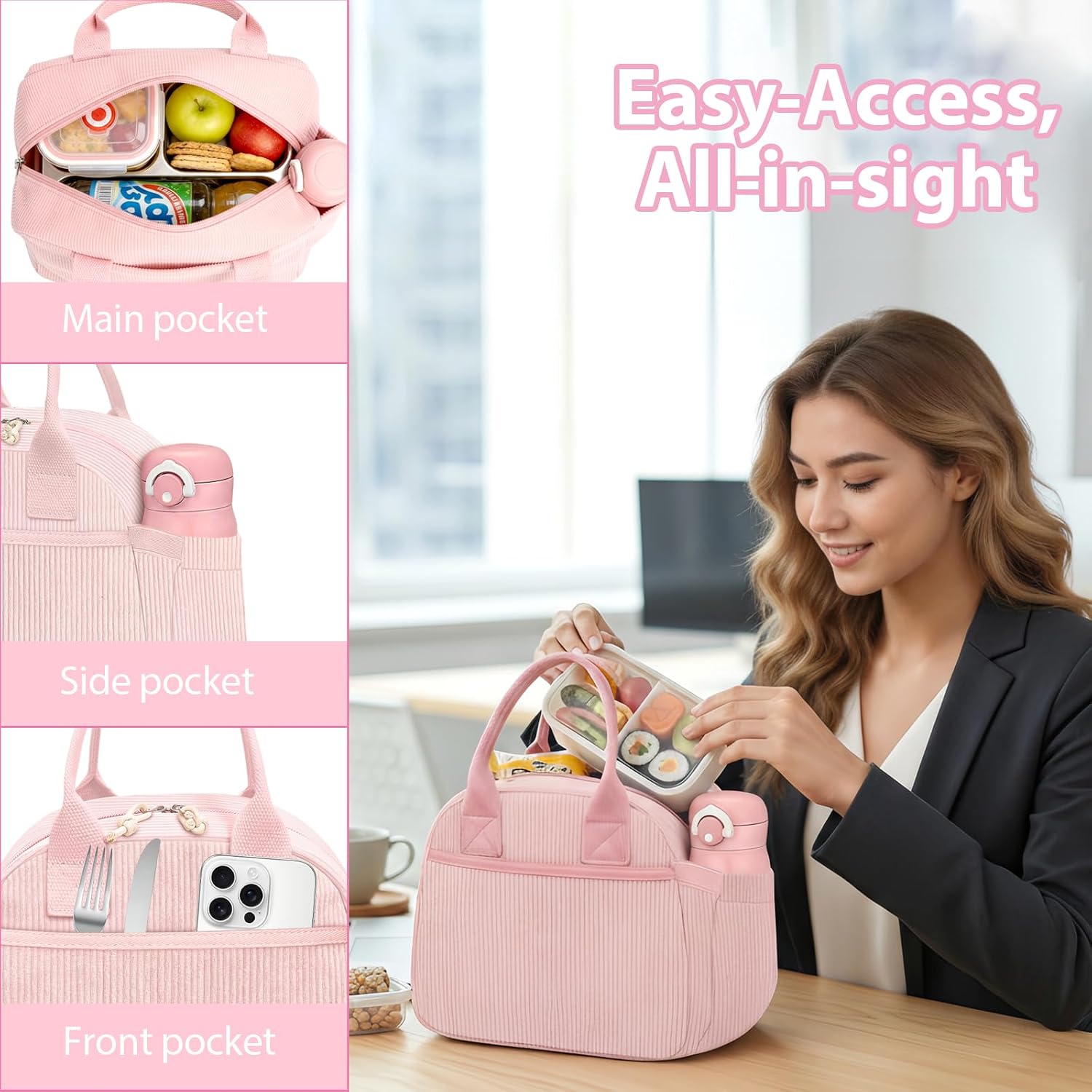 Insulated Lunch Bag for Women, Reusable Lunch Box Cute Corduroy Lunch Tote Large Capacity Cooler Bags for Work Picnic(PP Pink)
