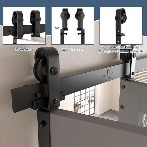Vista 12 de DonYoung Kit de herrajes para puerta de granero plegable de 40 pulgadas para 2 puertas, rodillo de montaje lateral resistente para un deslizamiento