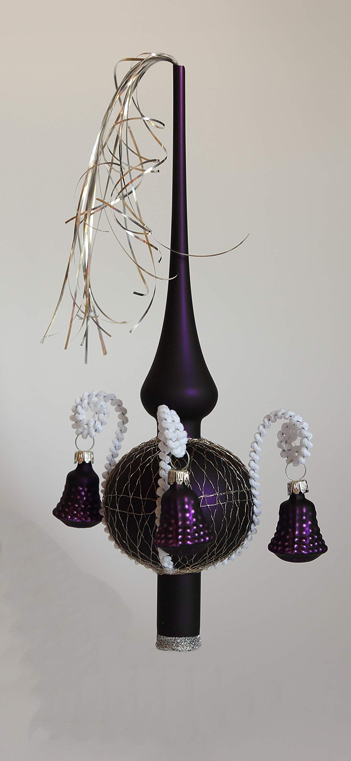 Lauschaer Glas Cimier de sapin de Noël avec clochettes en forme de cloche Violet mat Longueur env. 28 cm Diamètre (boule) 7 cm Pointe de décoration de sapin soufflée à la bouche Décorée à la main