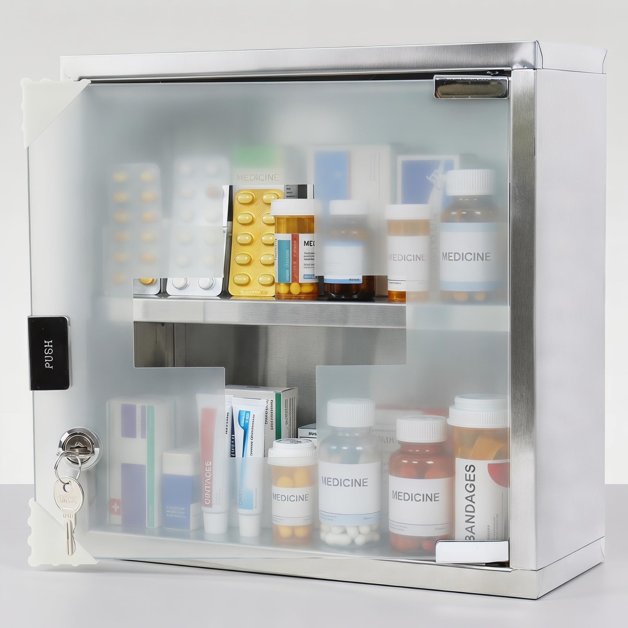 Suusolny Medizinschrank Apothekerschrank mit Glastür, abschließbar inklusive 2 Schlüssel, Hängender Arzneischrank aus Edelstahl, 2 Fächer Gesamthöhe 30 cm