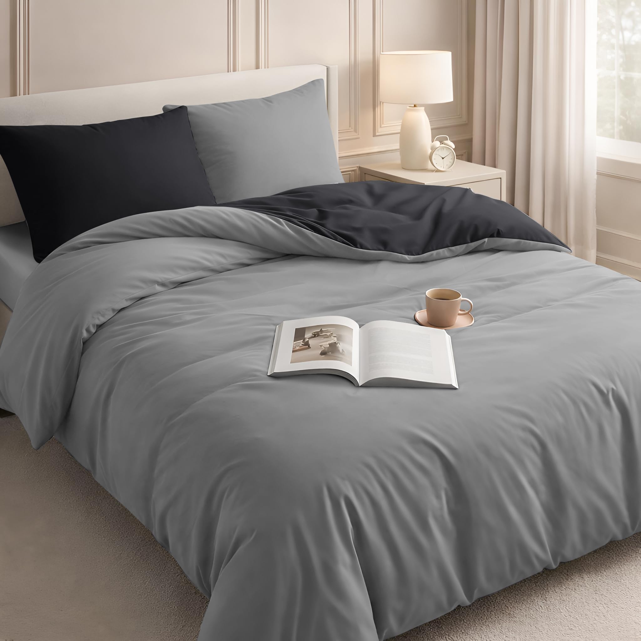 Velosso Duvet Cover Sets - Brushed Microfibre Duvet Covers with 2 Pillowcases - Hypoallergenic Ultra Soft Breathable Quilt Cover Set (Black/Grey, Single) — image 1