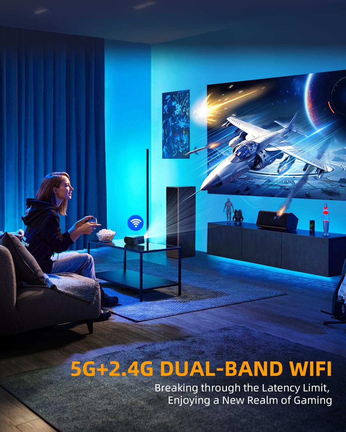 DZA Mini Projector with WiFi, Portable Projector for iPhone 1080P Supports with Synchronize Smartphone Screen, Movie Projector for Home Theater Compatible with iOS/Android/PC/TV Stick/Laptop/HDMI/USB