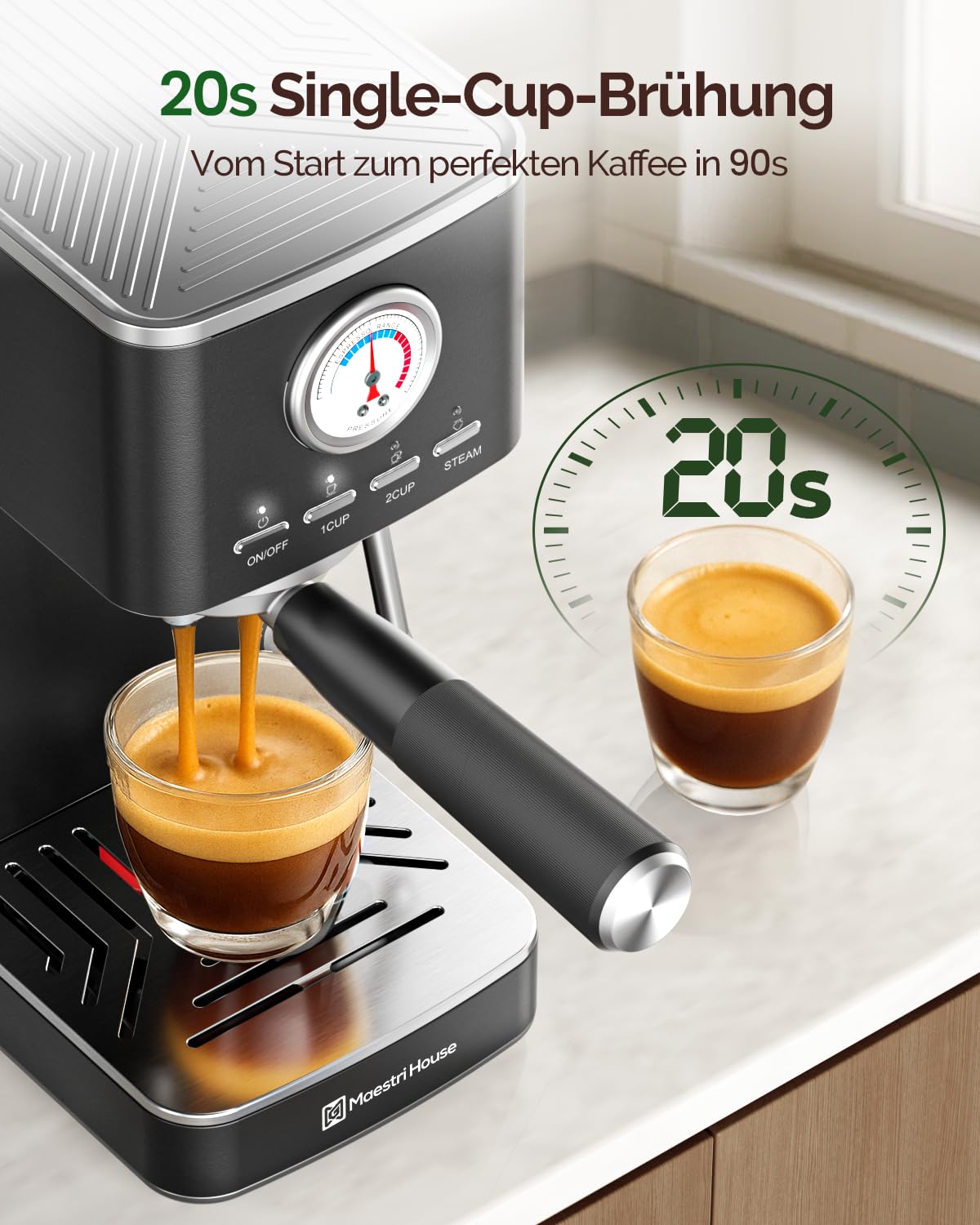 Maestri House Espressomaschine 20 Bar ULKA Pumpe, Kaffeemaschine mit Milchaufschäumer und Mengenanzeige, Edelstahl Kompaktmaschine für Cappuccino & Latte Macchiato, Schwarz