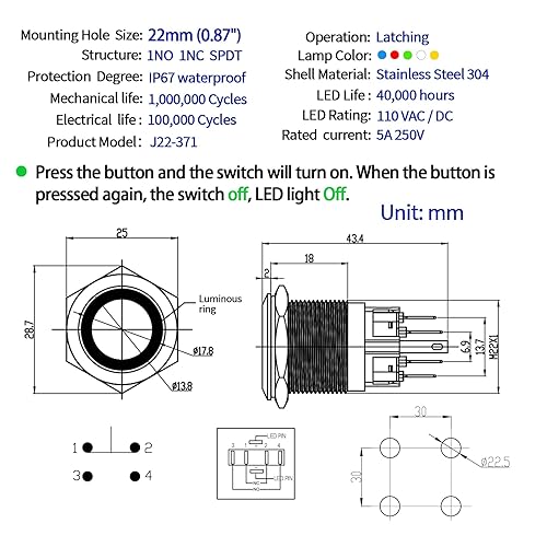 Miniatura 2 de ZJWZJH Interruptor de botón de 0.87 pulgadas, con cierre de 110 V120 V, alimentación para orificio de montaje de 0.87 pulgadas, 1NO 1NC SPDT On Off