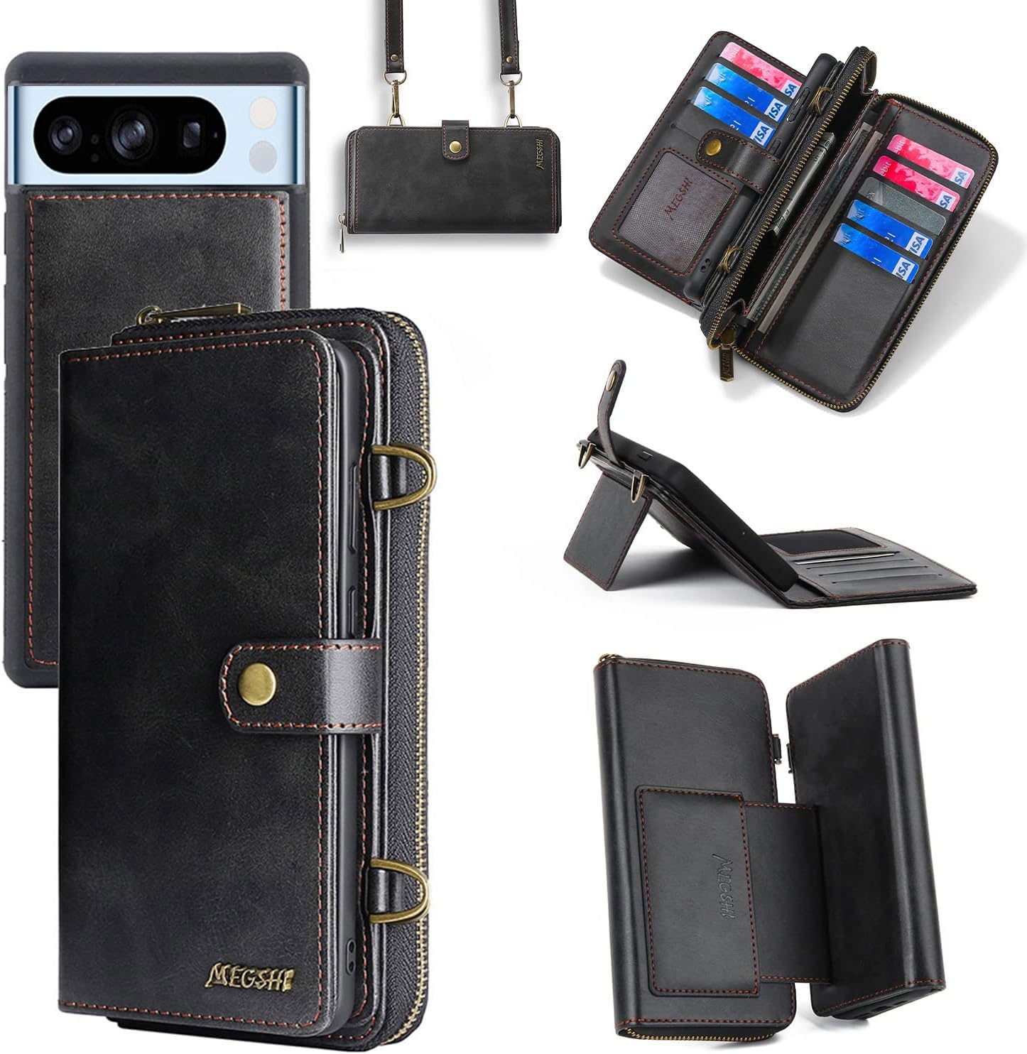 Compatible with Google Pixel 8 Pro 5G Wallet Case Crossbody Shoulder Strap Card Holder Stand Multi-Function 2in 1 Detachable Magnetic and Cell Phone