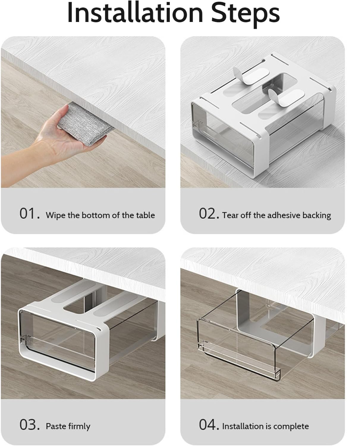 Under Cabinet Drawers Adhesive Under Shelf Drawer Clear Slide Out Cabinet Organizer Plastic Under Desk Storage for Kitchen Pantry, Cabinet Accessories, Standard, White