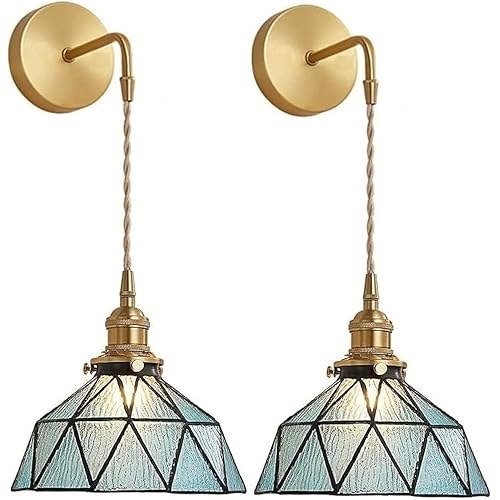 Tiffany Wall Sconces Battery Operated Set of 2,Indoor Wireless Wall Lights with Remote,Blue Glass shade Vintage Hanging Wall Lighting Fixture Wall Decor for Bedroom Bathroom Living Room Hallway