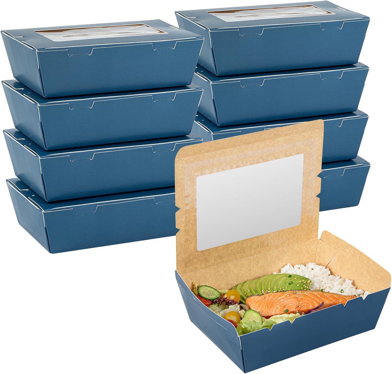 Restaurantware Cafe Vision 71 Ounce Disposable To Go Boxes 200 Paper Boxes For Food - Hinge Lock Grease-Impervious Midnight Blue Paper Take Out Food Containers With Window For Lunch Or Desserts