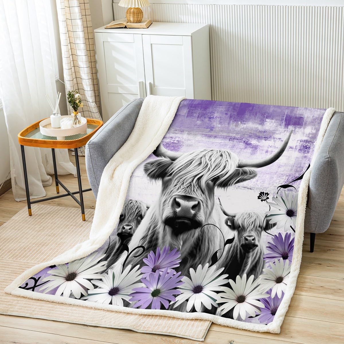 Erosebridal Highland Cow Print Blanket, Purple Western Farmhouse Throw, Longhorn Cattle Fleece Blanket, Daisy Flowers Fuzzy Cowgirl Gifts for Women & Girls, 50