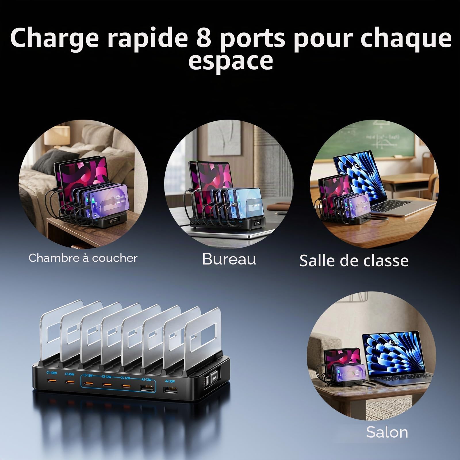 Station de Recharge USB 288W pour Plusieurs appareils, GaN PD 100W, 8 Ports USB-C, avec séparateurs réglables et 8 câbles, pour iPhone, iPad, Samsung, MacBook Pro/Air, Tablettes