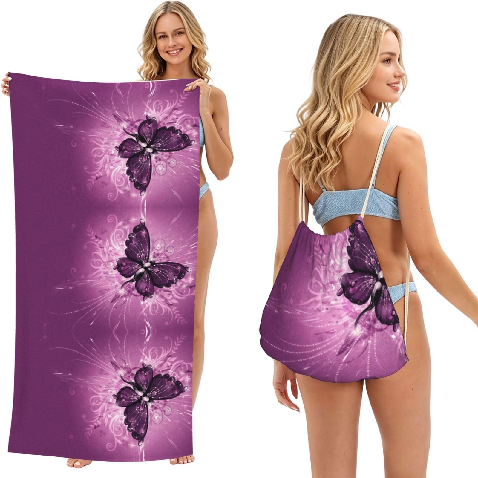 SATUSA Butterfly Print 2-In-1 Foldable Beach Towel Backpack â€“ Camping, Yoga And Travel,Bath Towel With Built-In Storage, Convertible Beach Mat & Carry Bag