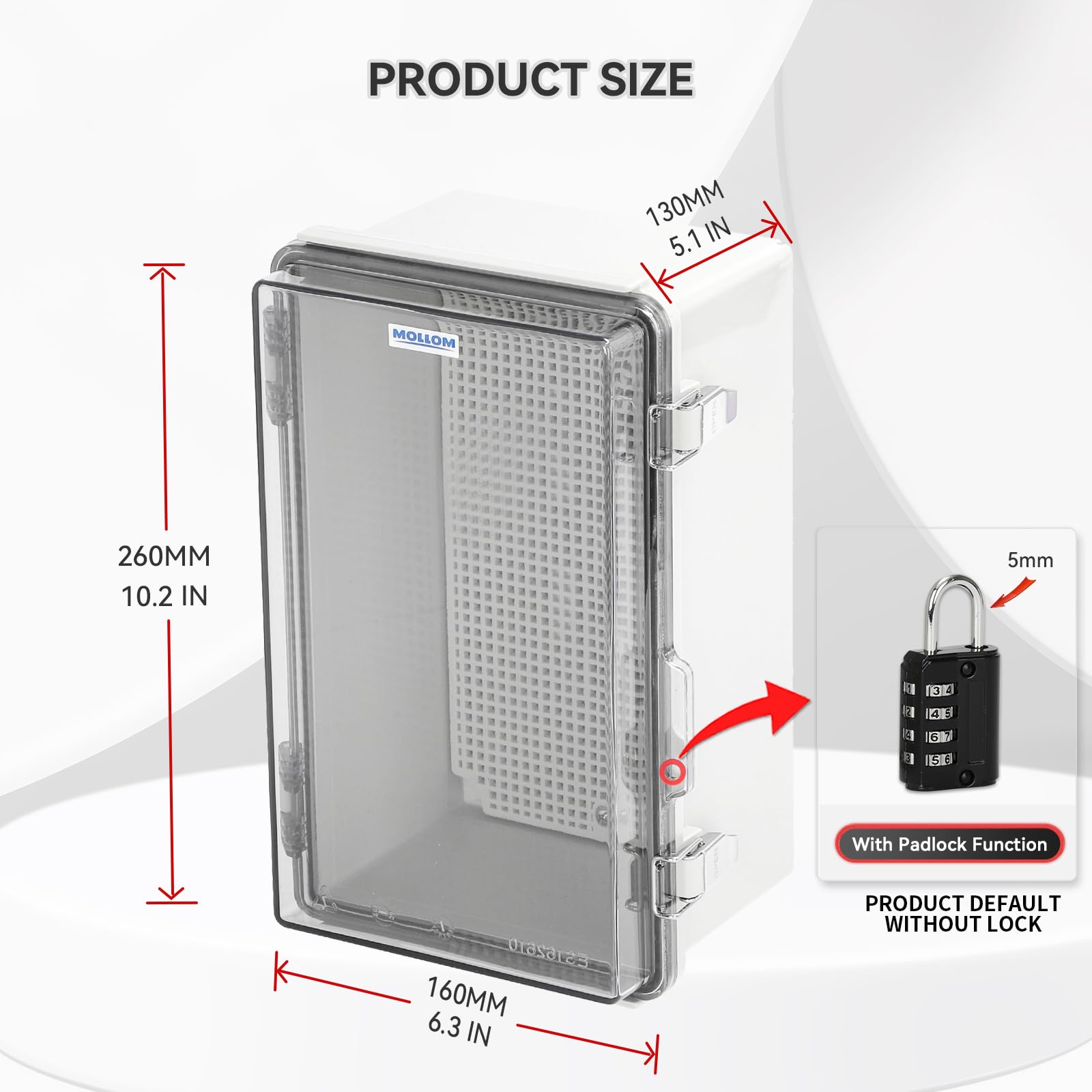 Mollom Außen-Verteilerdose mit transparenter Abdeckung（260x160x130mm） | Wasserdicht IP67, Edelstahlverschluss, Montageplatte mit Wandhalterungen für Elektroprojekte(10.2x6.3x5.1Zoll)