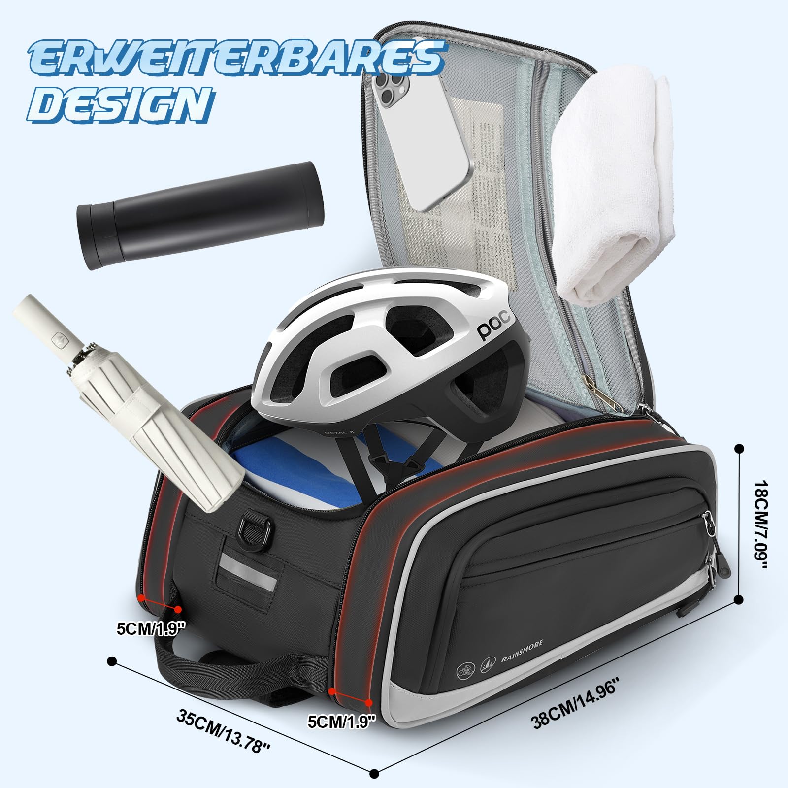 RAINSMORE Fahrradtaschen für Gepäckträger 15L-23L Erweiterbar Wasserdicht Fahrradtasche Hinten mit Reflektierend Regenschutz Fahrrad Gepäckträgertasche für E-Bike Pendler Freizeitradfahren Schwarz