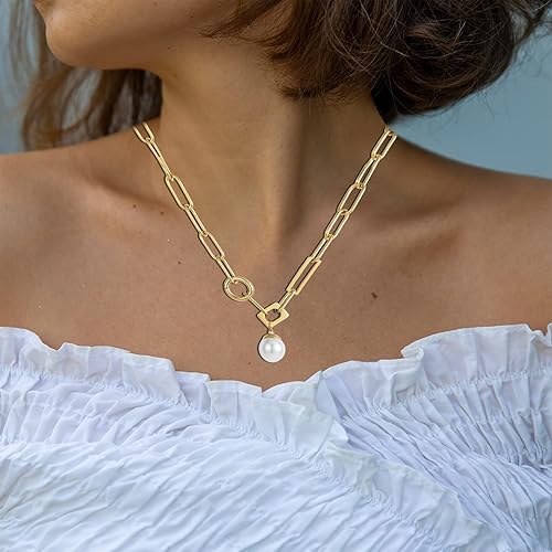 Miniatura 2 de Collar con colgante de perlas barrocas para mujer, cadena de eslabones de clip gruesa chapada en oro de 18 quilates, dije retro hecho a mano,