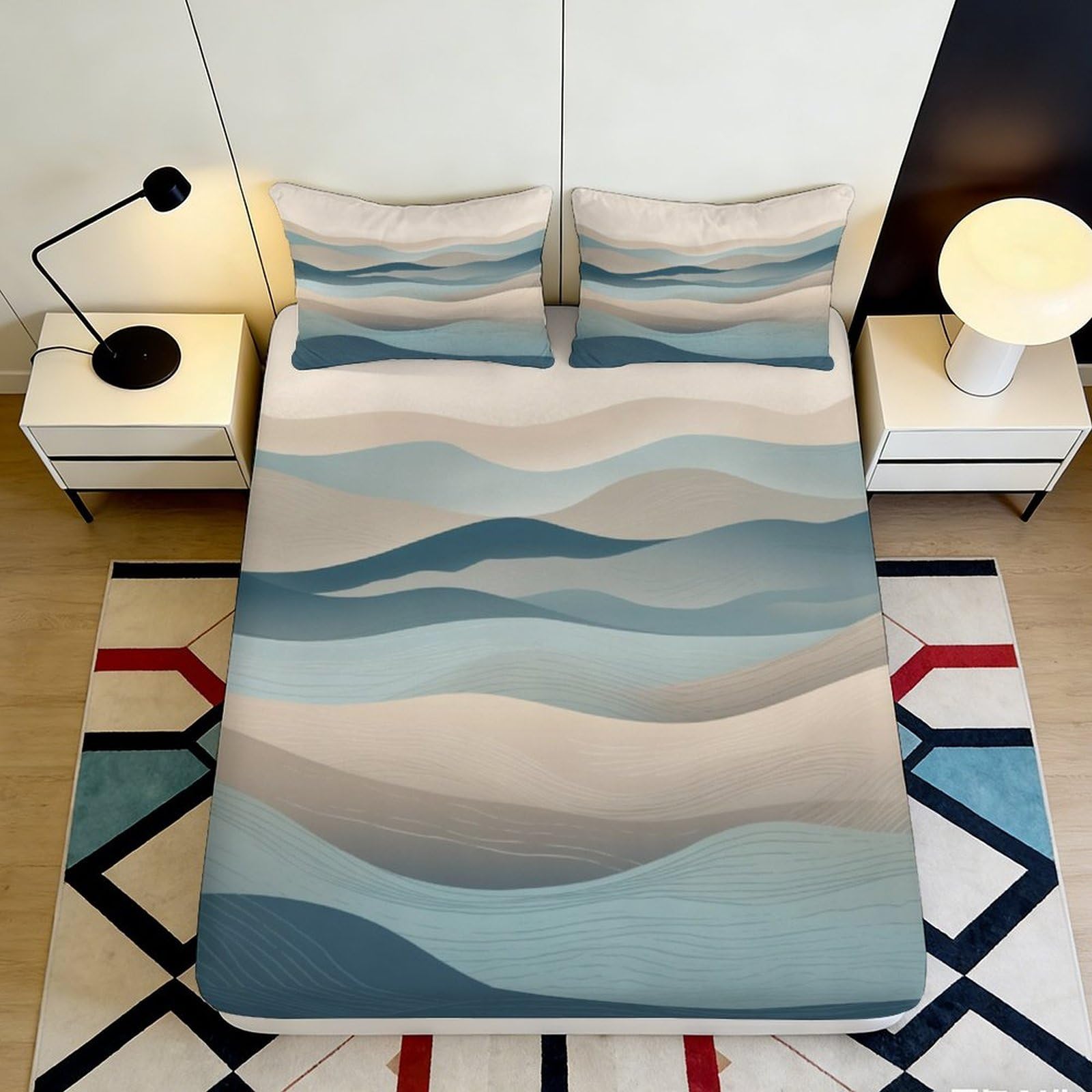 Jqzkxnhpbr Style-4 3D Printed Ocean Wave Fitted Sheet Microfiber Soft Blue Gradient Mountain Mattress Cover Bedroom Decor 90X200x25cm