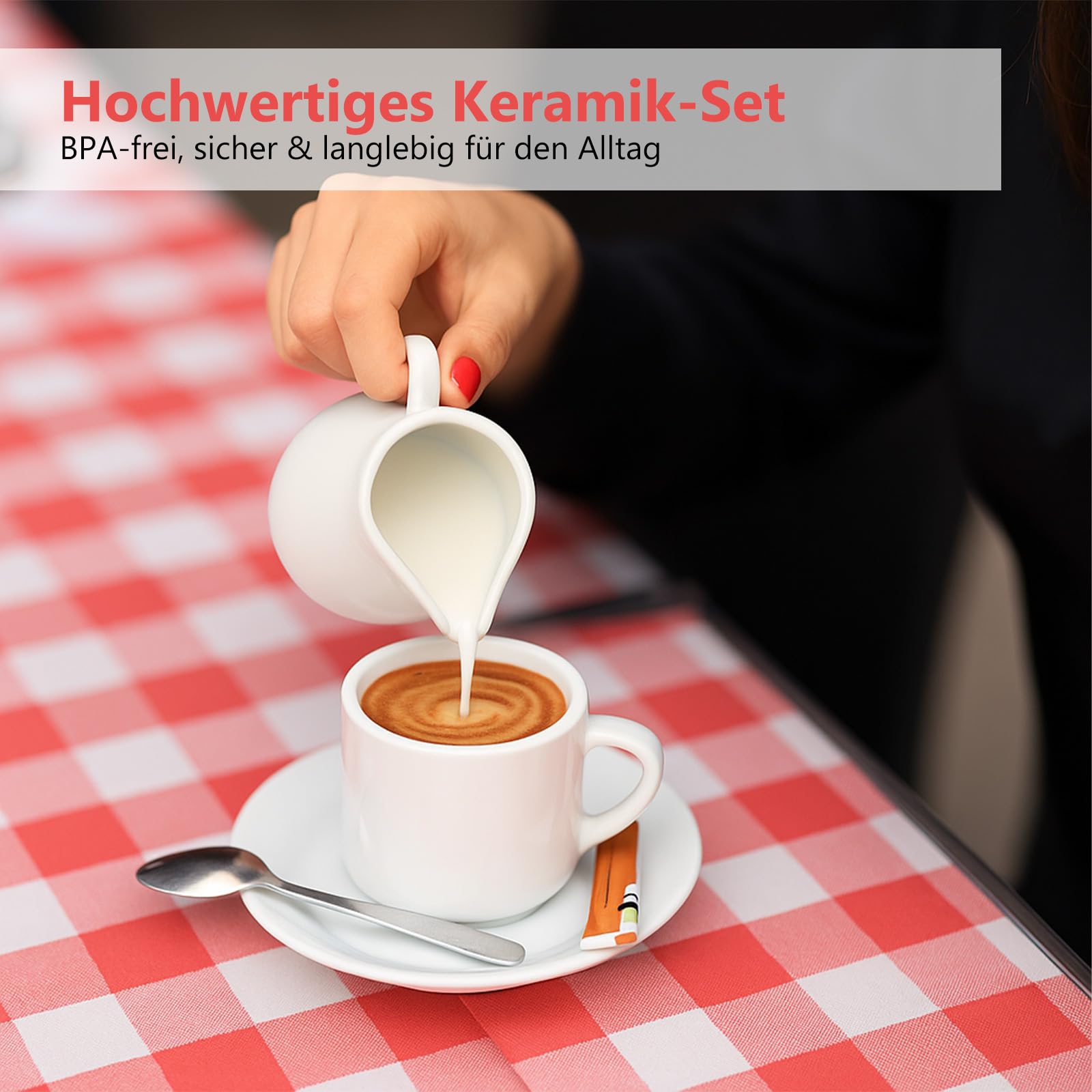 Set di latte e zucchero con coperchio e cucchiaio, brocca per latte in ceramica bianca e zuccheriera con vassoio in legno, lavabile in lavastoviglie e microonde