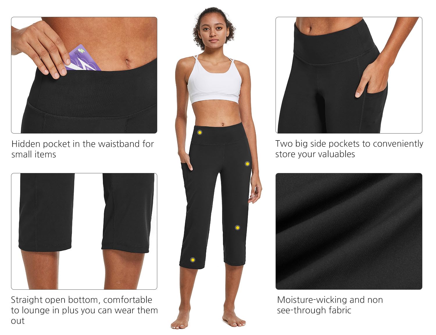 BALEAF Pantalon de yoga 3/4 décontracté pour femme - Pantalon de jogging - Jambe droite - Taille haute - Pantalon de travail avec poches - Contrôle du ventre - Pour fitness, entraînement, loisirs
