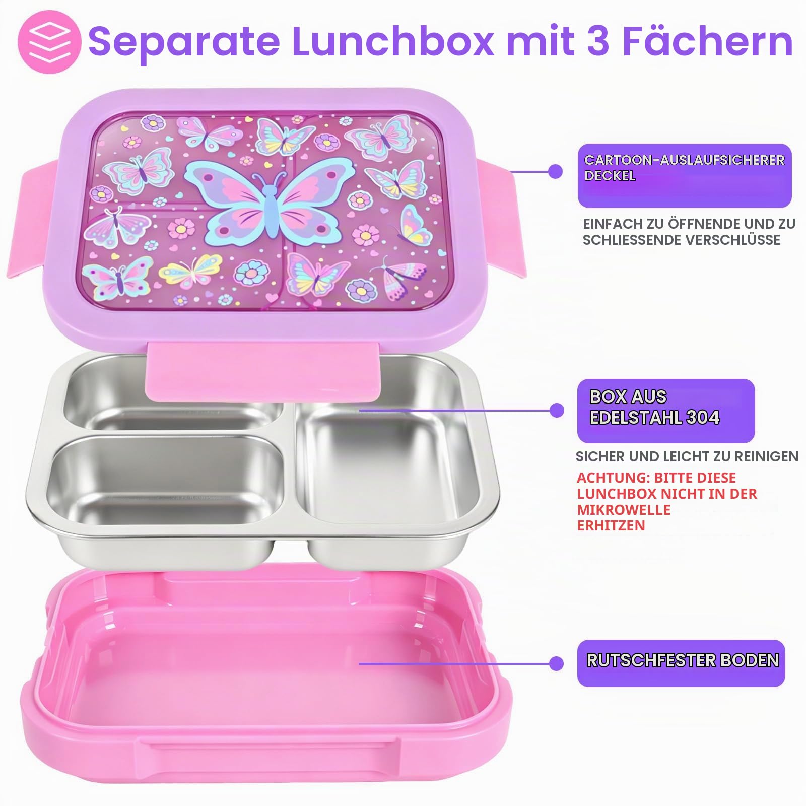 PinkSheep Edelstahl Brotdose Kinder mit 3 Fächern und Dichtring 950ml Lunchbox Personalisiert, BPA-freie, Auslaufsicher, Bento Box für Picknick Schulschüler Mittagessen Snack (Schmetterling)
