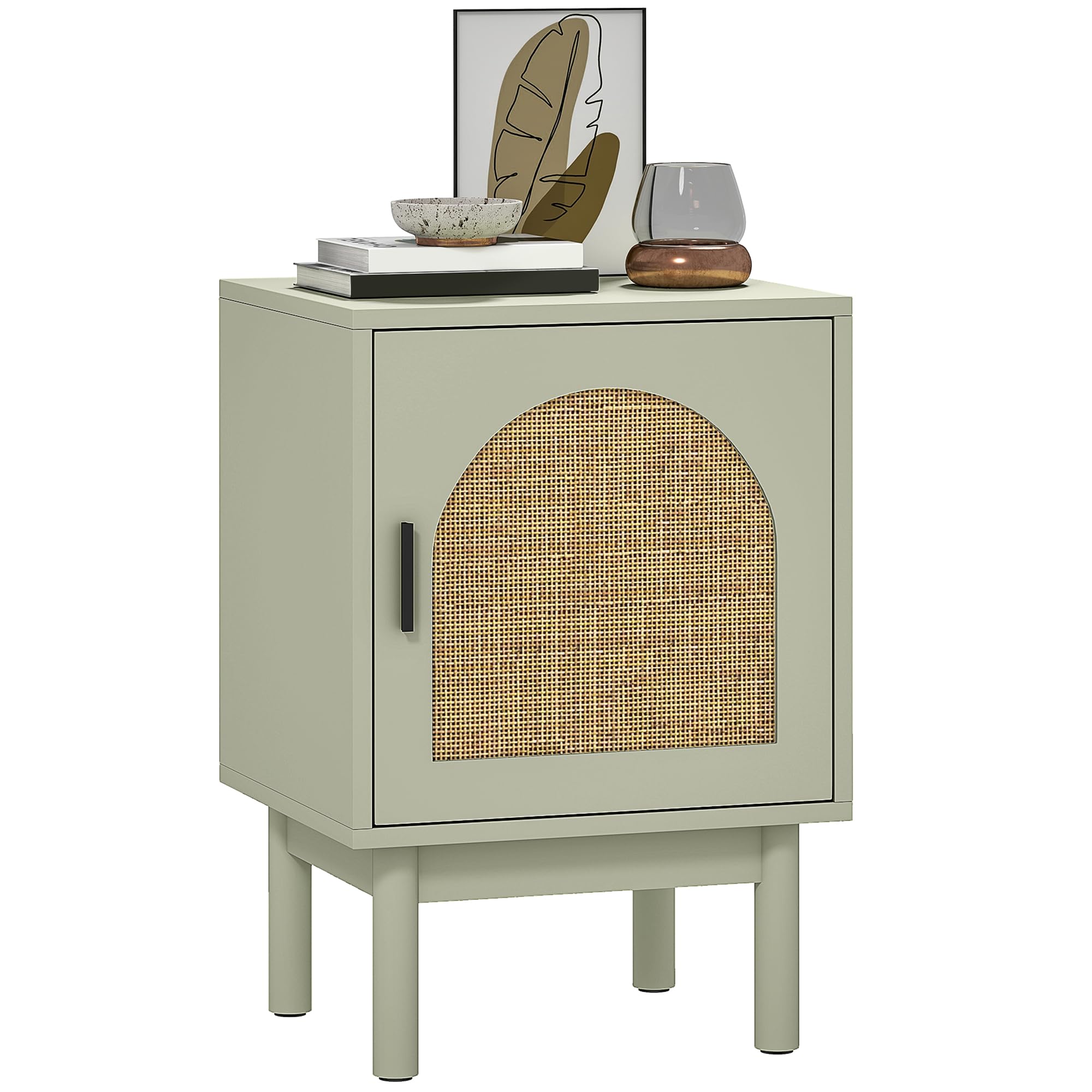 HOMCOM Rattan Bedside Table - Light Green - Adjustable Shelf - Solid Wood Legs