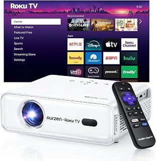 Aurzen EAZZE D1R Roku TV Projector: 1080P FHD Native, Dolby Audio, Auto Focus Keystone, WiFi Bluetooth Portable Mini for Outdoor Movies