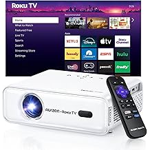 Aurzen Roku TV Smart Projector with Wifi and Bluetooth, Roku Streaming Experience Built-in, 1080P FHD, Dolby Audio, Auto Focus &amp; Keystone, Zoom, Movie Portable Outdoor Mini Projector, White