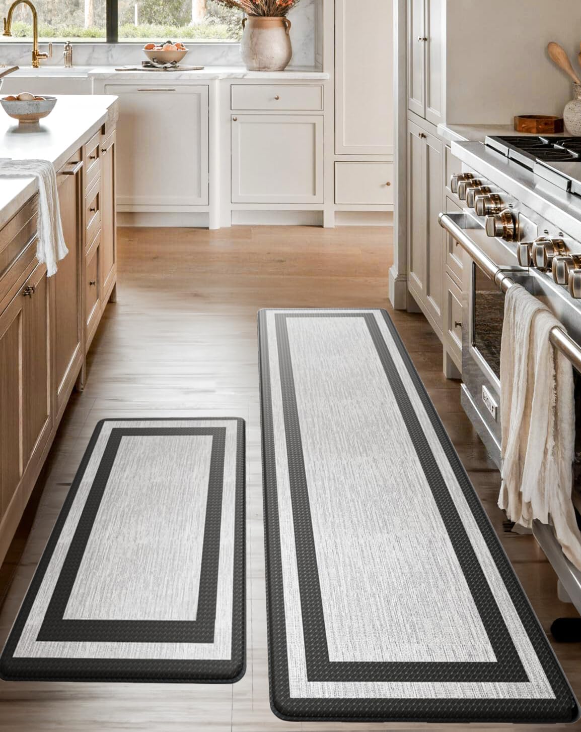 Anti-Fatigue Kitchen Mat Set  2-Piece Memory Foam Cushioned Mats for Standing  Fabric Black, 1830 & 1860, 0.4 in Thick, Waterproof, Non-Slip  Homergy