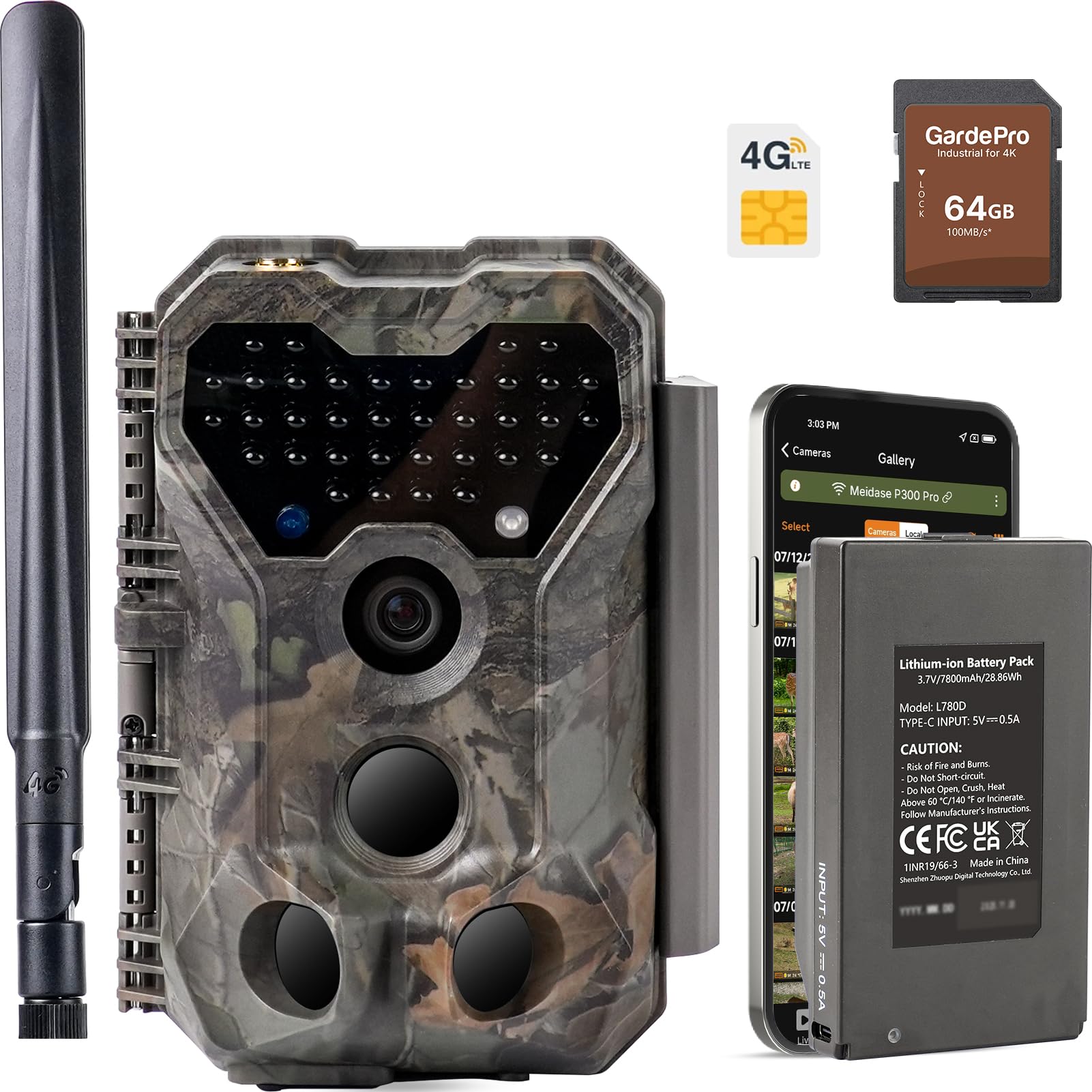 Meidase S970 Pro 4G LTE Cámara de Caza, 48MP 1296P, con Transmisión en Vivo, Visión Nocturna, Activación por Movimiento 0.1s, Transferencia de App, con Batería de 7800mAh y Tarjeta SD 64GB, GPS