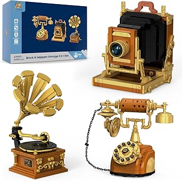 3 in 1 Building Block Sets, Retro Camera Telephone Record Player Building Toys, 1438 Pcs Vintage Collectible Model Kit for Home Office Decor, Nostalgic 80s Gift for Adults & Teens 14+