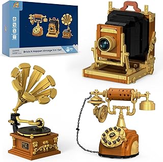3 in 1 Building Block Sets, Retro Camera Telephone Record Player Building Toys, 1438 Pcs Vintage Collectible Model Kit for Home Office Decor, Nostalgic 80s Gift for Adults & Teens 14+