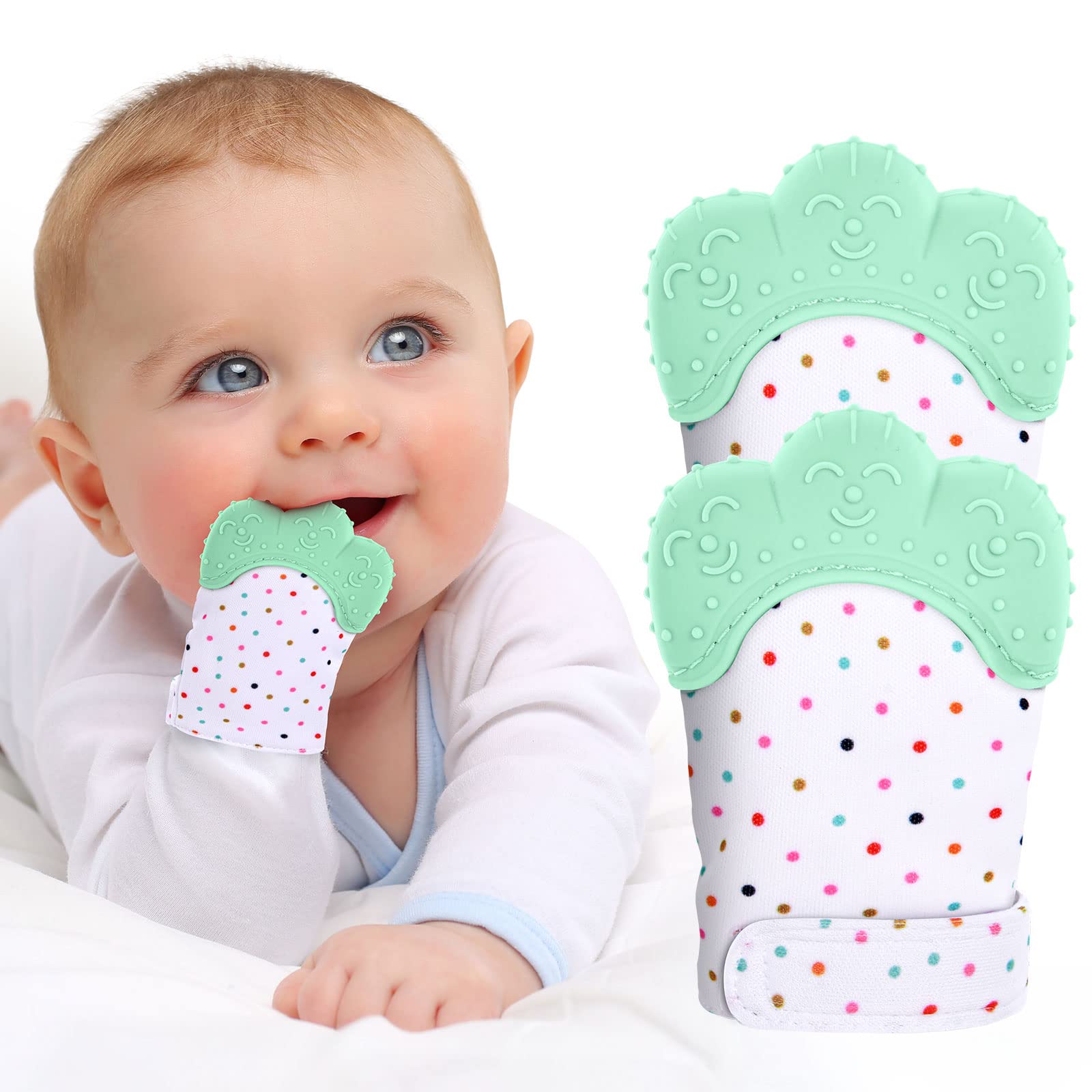 Vicloon Baby Beißhandschuhe,2 Stück Handschuhe Beißring Spielzeug,BPA Frei,Beruhigen Sie wundes Zahnfleisch, Stimulierung Zahnen Handschuhe für 0-6 Monate Baby-Grüne Tupfen