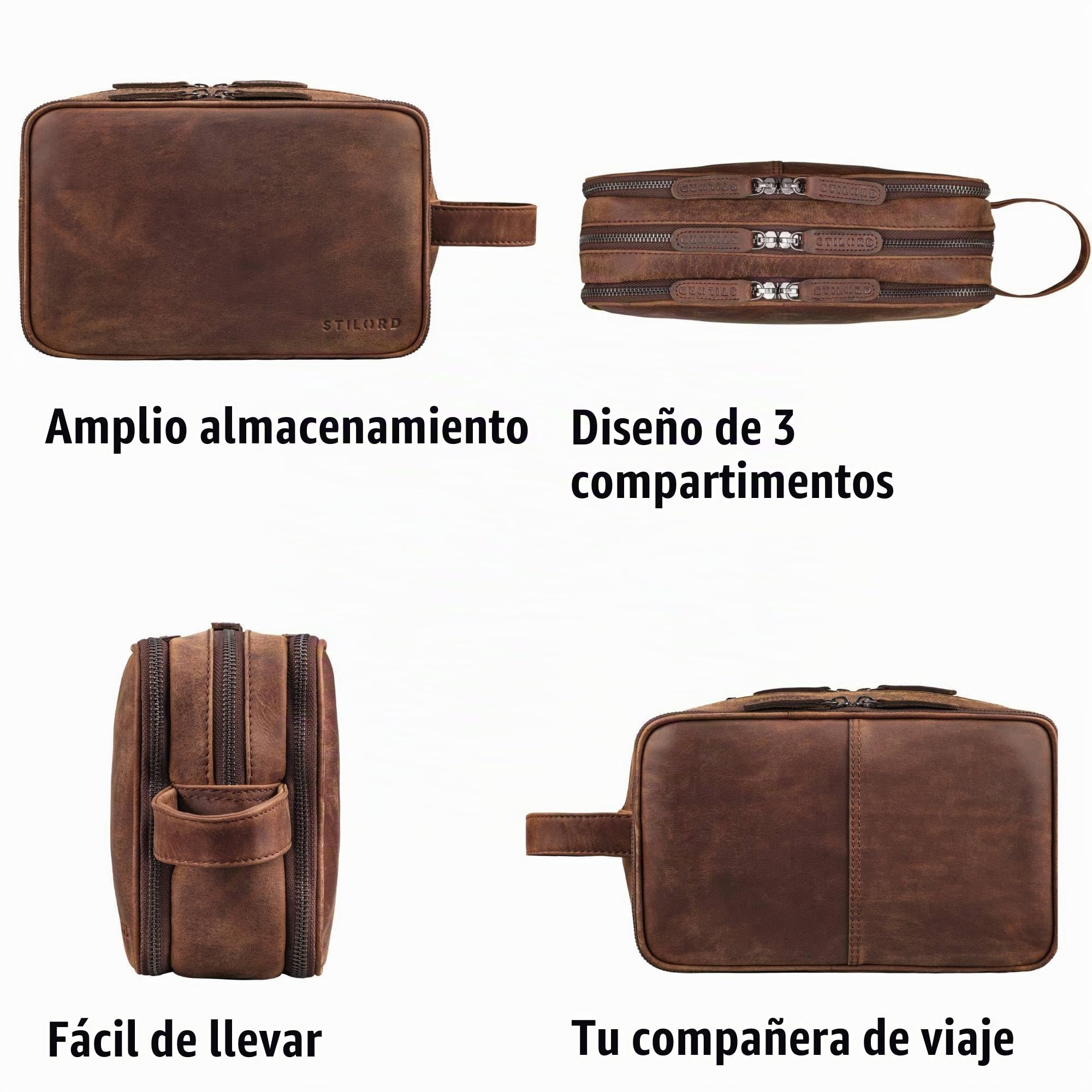 STILORD 'Catania' Neceser Grande de Cuero Hombre y Mujer Bolsa de Aseo Caja de Maquillaje Piel Bolsa Cosmeticos Estuche Necessaires Bolso Viaje Necesere Avion Bolso, Color:Zamora - marrón