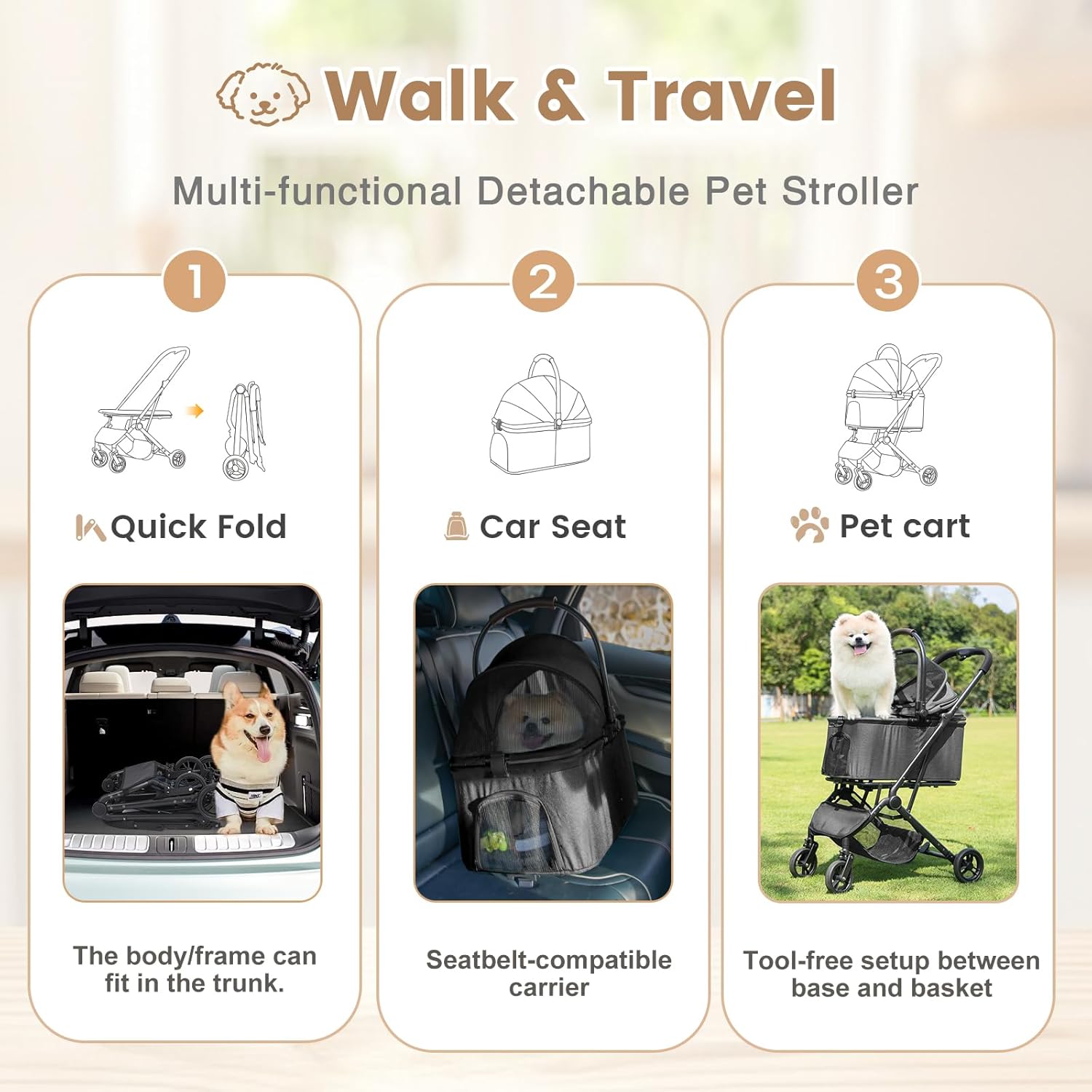 Wdyvko 3 in 1 Dog Stroller, Upgraded Frame, Up to 44lbs Pet Stroller with Dog Poop Bags & Dispenser, Zipperless Entry, Storage Basket & Pouch for Small Dogs Cats (Dark Grey)