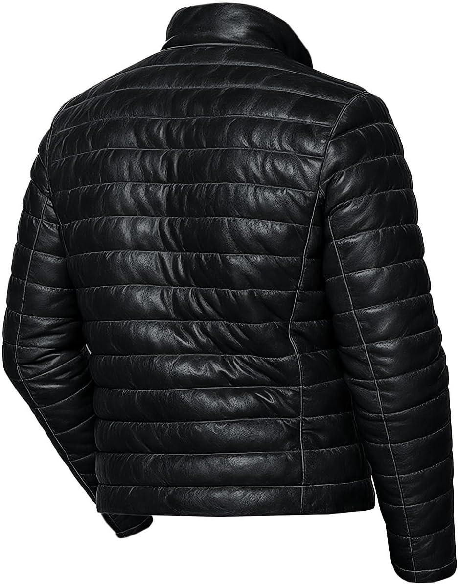 Men’s Puffer Down Lambskin Leather Jacket - Distressed Brown Quilted Bomber Coat - Image 5