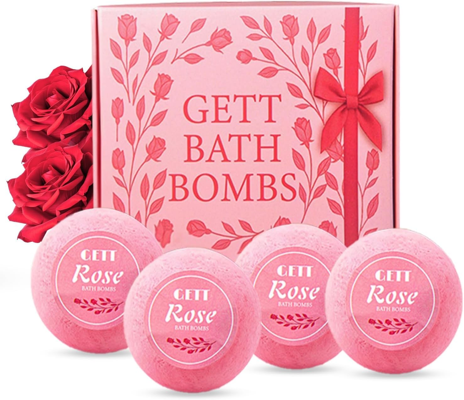 GETT Rose Bath Bombs 4-Pack, Individually Wrapped Bath Bombs for Men & Women, Luxury Gift Set with Vegan and Essential Oils, Relaxing and Moisturizing Bubble Bath, Organic Bath Essentials for All
