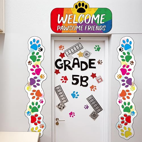 Miniatura 6 de Eaasty Borde de puerta con estampado de patas, cubierta de puerta de aula, bordes con estampado de patas para la escuela, juego de tablón de