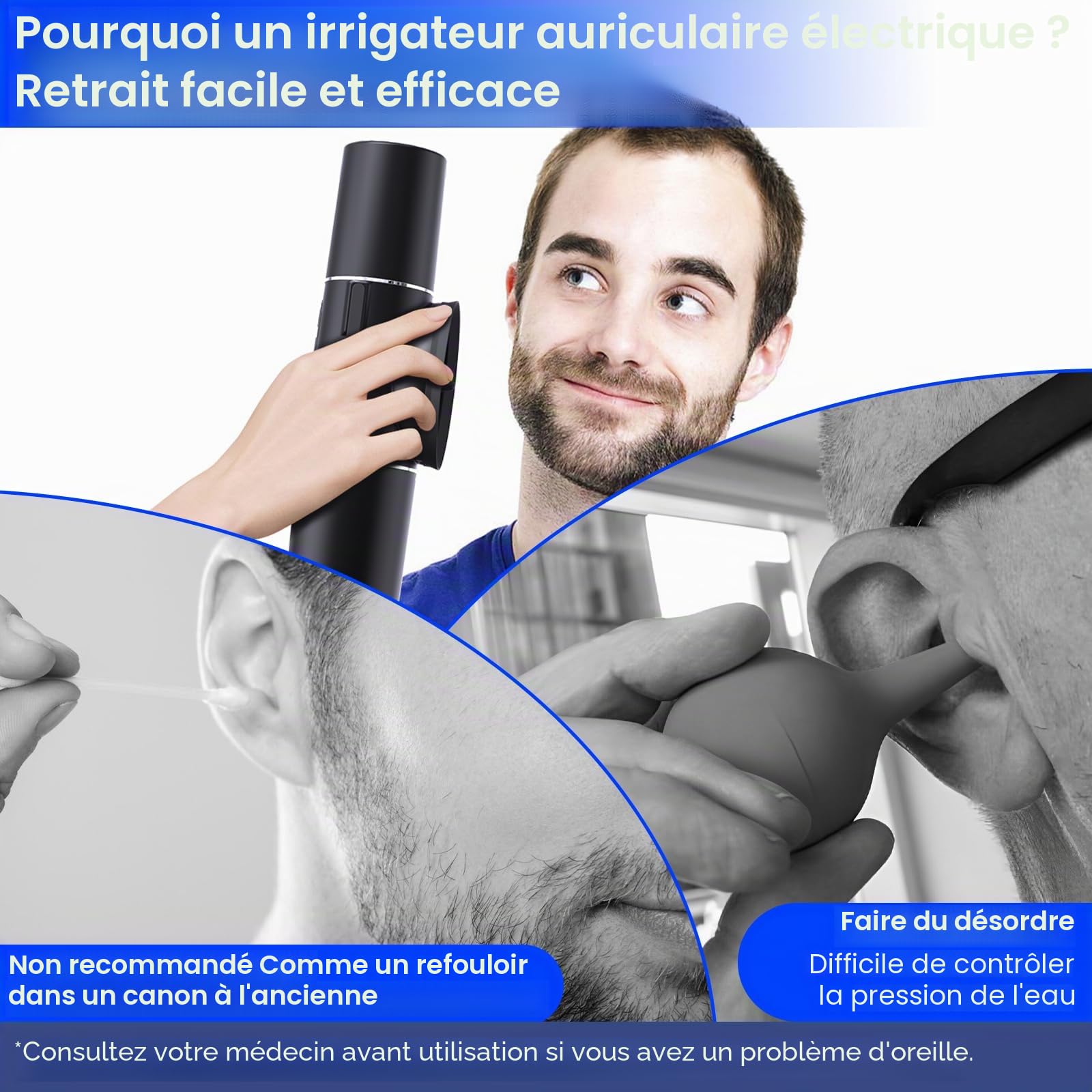 Nettoyeur auriculaire électrique pour adultes - Construction monobloc IPX7 étanche - Nettoyage des oreilles - Utilisation à une main