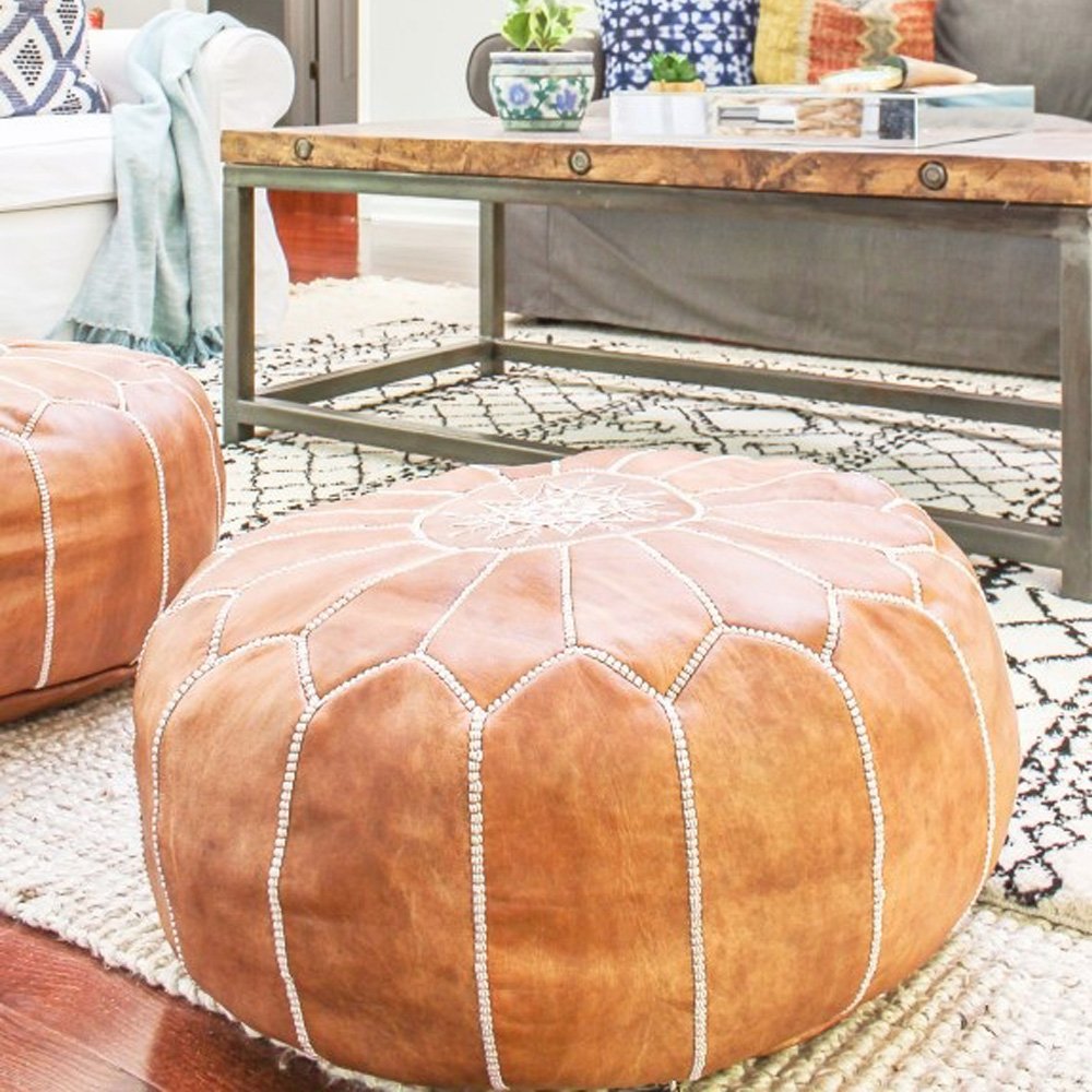 moroccan poufs Puf redondo marrón – Funda para reposapiés de piel auténtica, hecha a mano, 53,3 x 53,3 x 35,5 cm, marrón claro