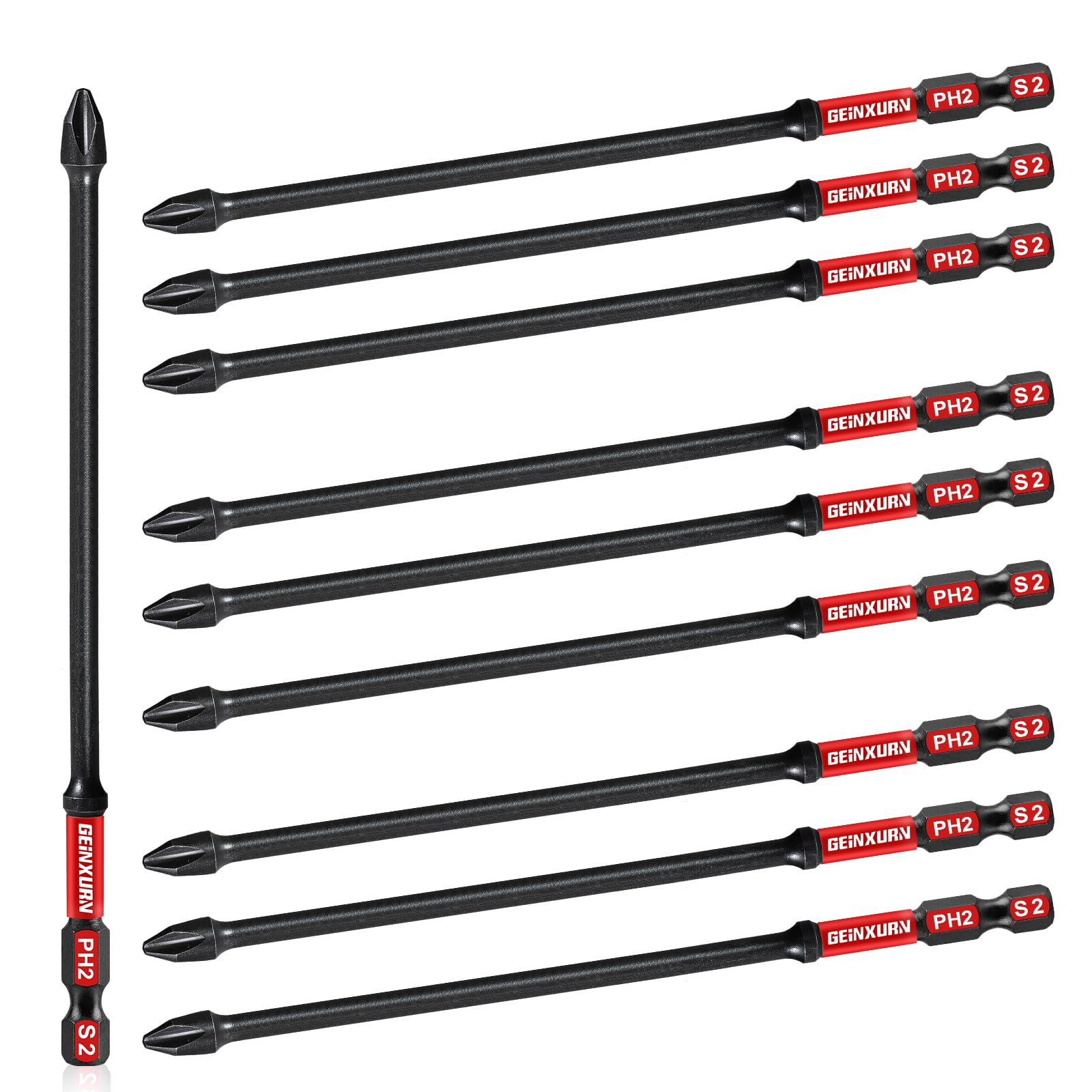 GEINXURN Impact Tough Phillips Magnetic Screwdriver Bit Set, 10 Pieces 150 mm Long PH2 Insert S2 Alloy Drill Driver Bits, Universal 1/4" Hex Shank for Power Drivers, Bulk โ image 1