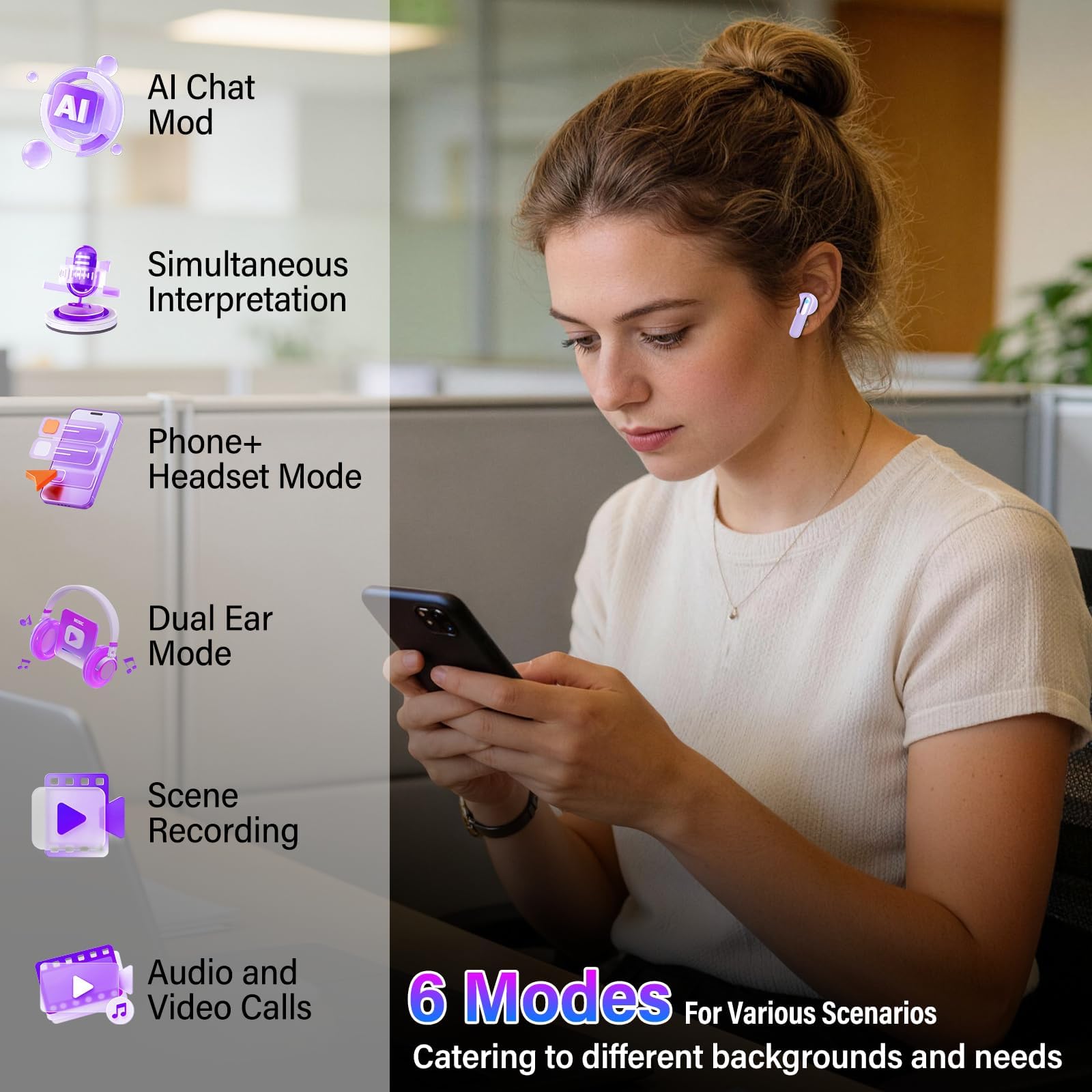 AI Auriculares Traductor en Tiempo Real con Pantalla Táctil LED, 3 en 1 Auriculares Traductores de Idiomas, 6 Modos Traducción con 164 Idiomas, Reducción de Ruido ANC+ENC, 5 Modos EQ, 48H, Púrpura