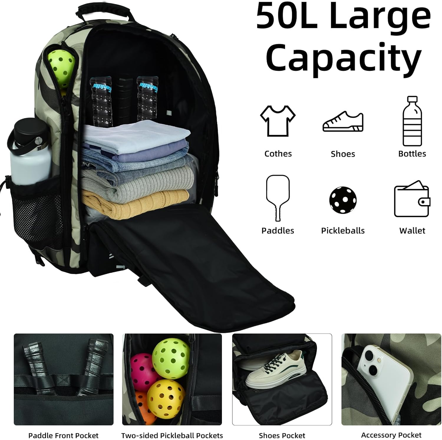 Pickleball Backpack, Large Sports Bag with Shoe Compartment, for Men and Women