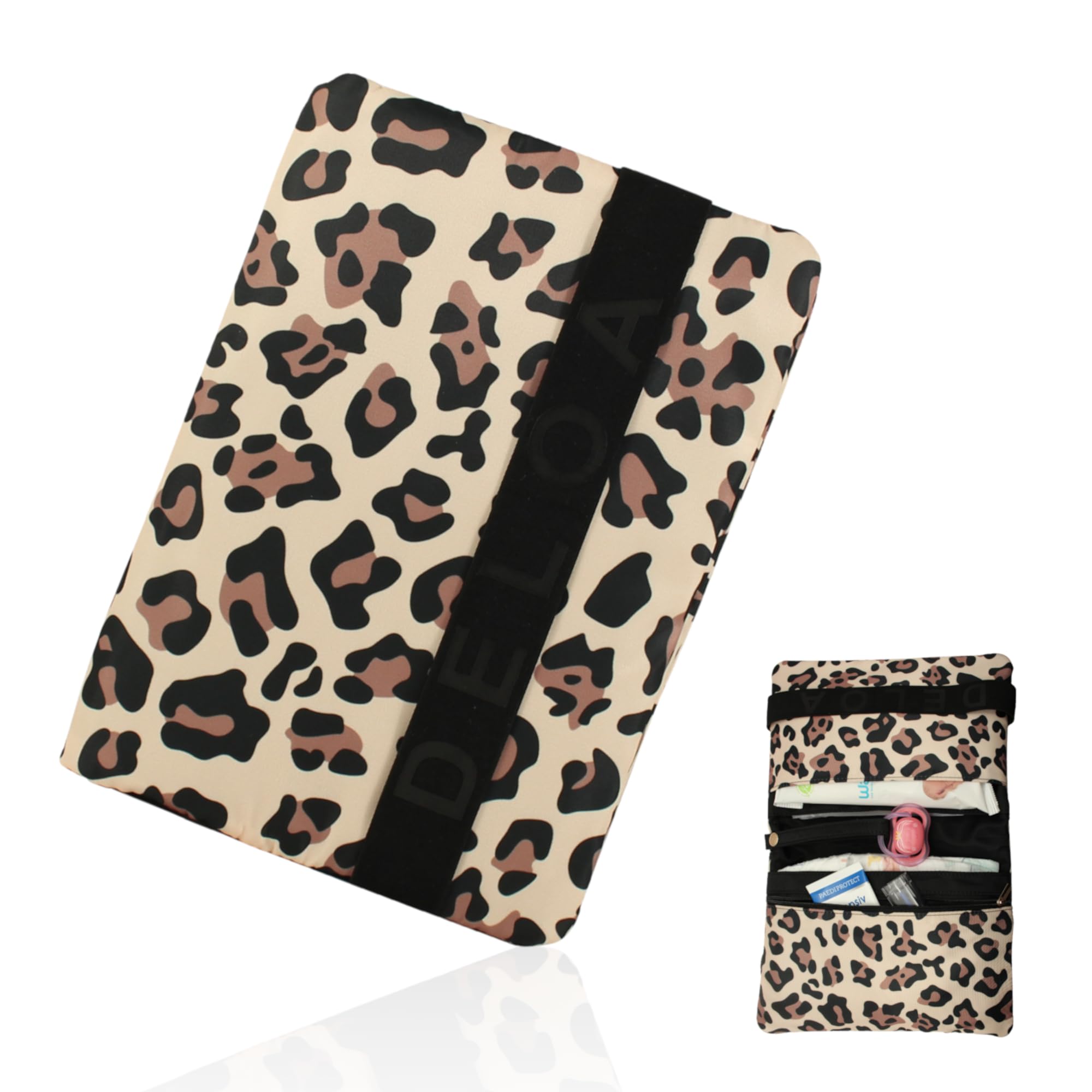 Windeltasche für unterwegs mit viel Platz - Kleine Wickeltasche, Baby Windelorganizer (Leopard)