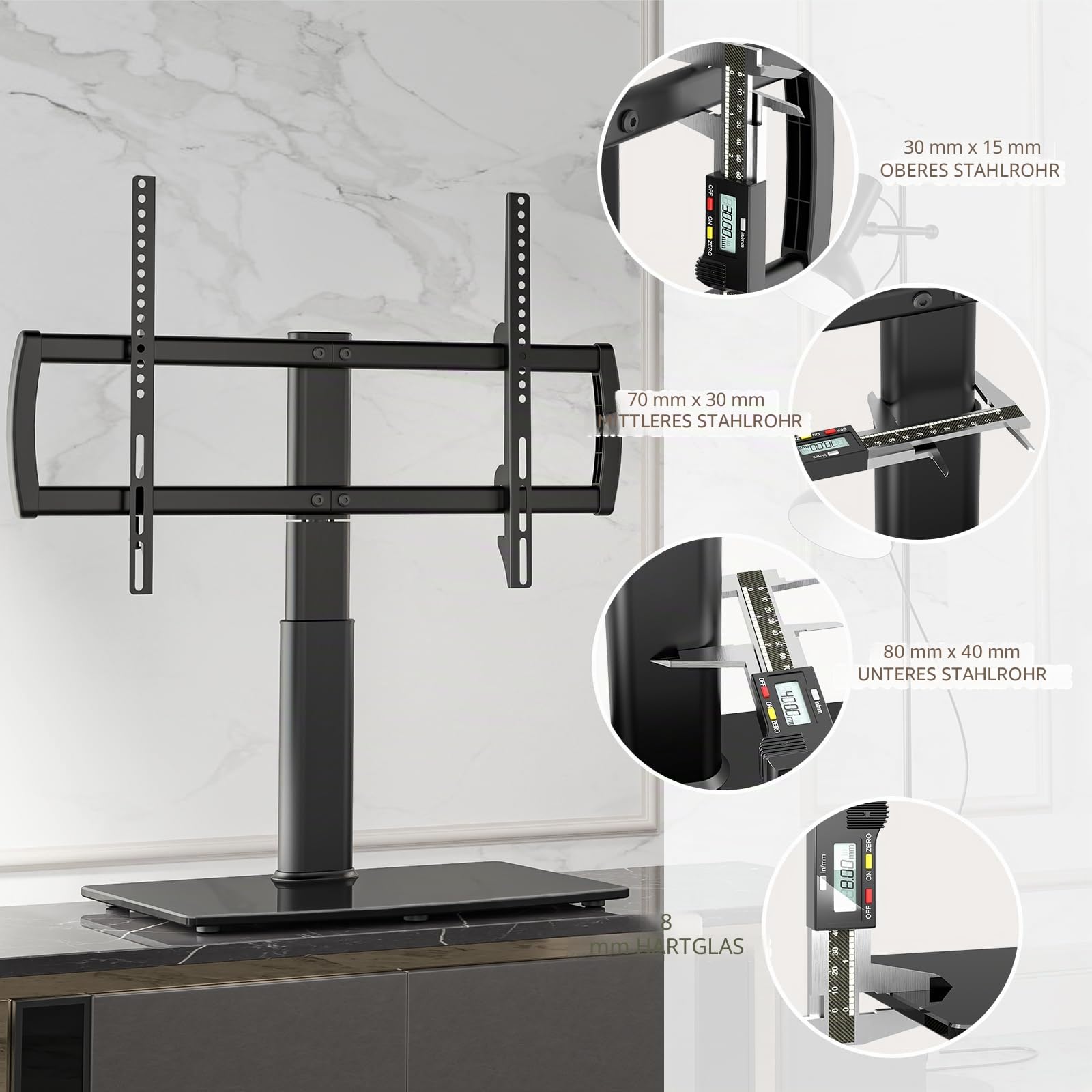 Universal schwenkbarer TV-Ständer/Tischfuß TV-Ständer 32 bis 70 Zoll TVs 80 Grad schwenkbar, 4 Stufen höhenverstellbar, Schwerer gehärteter Glassockel, hält bis zu 40KG s Bildschirme, HT04B-002P