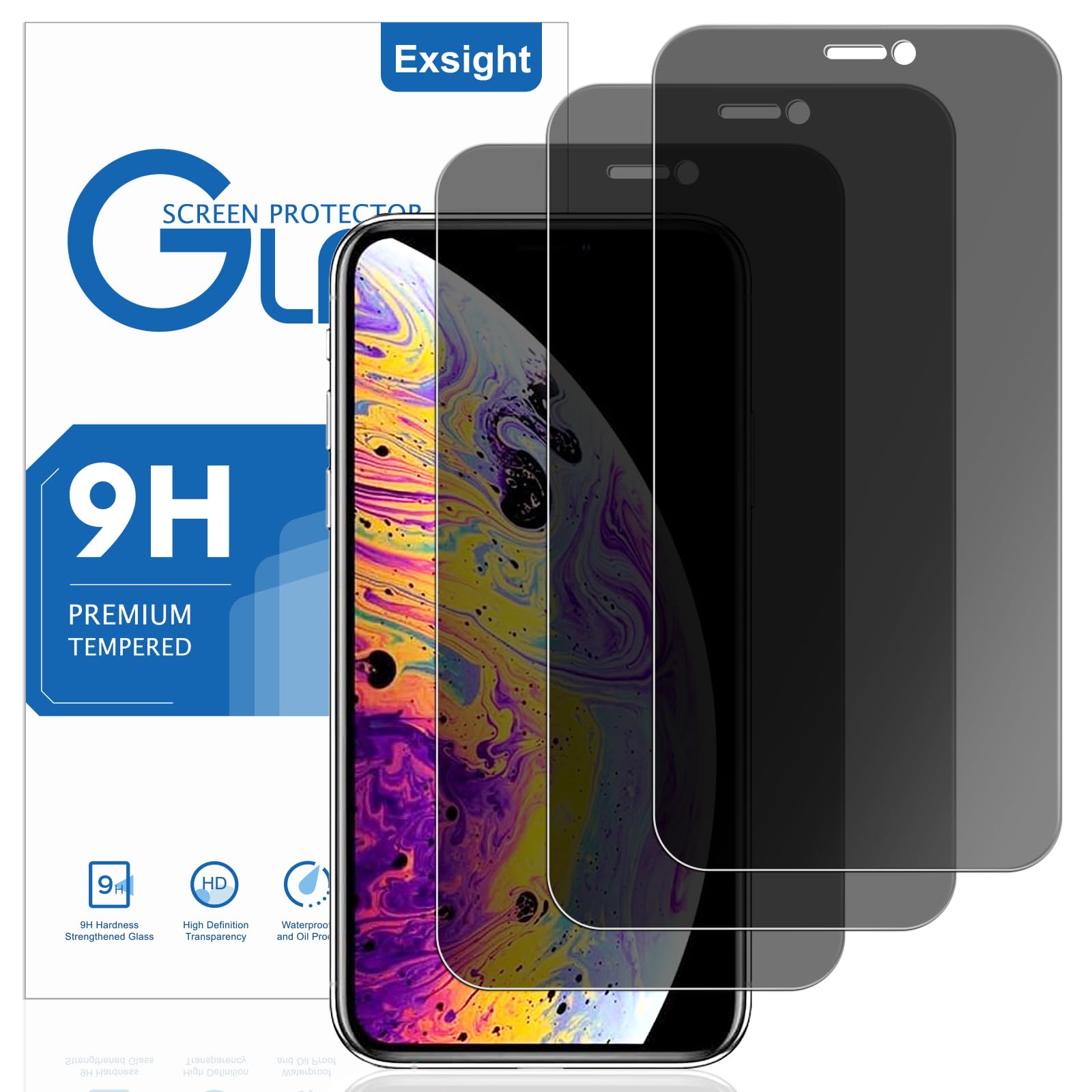 3 unidades de protección visual para iPhone XS Max / 11 Pro Max de 6,5 pulgadas, protector de pantalla de vidrio templado antiespadas, compatible con identificación de huellas dactilares