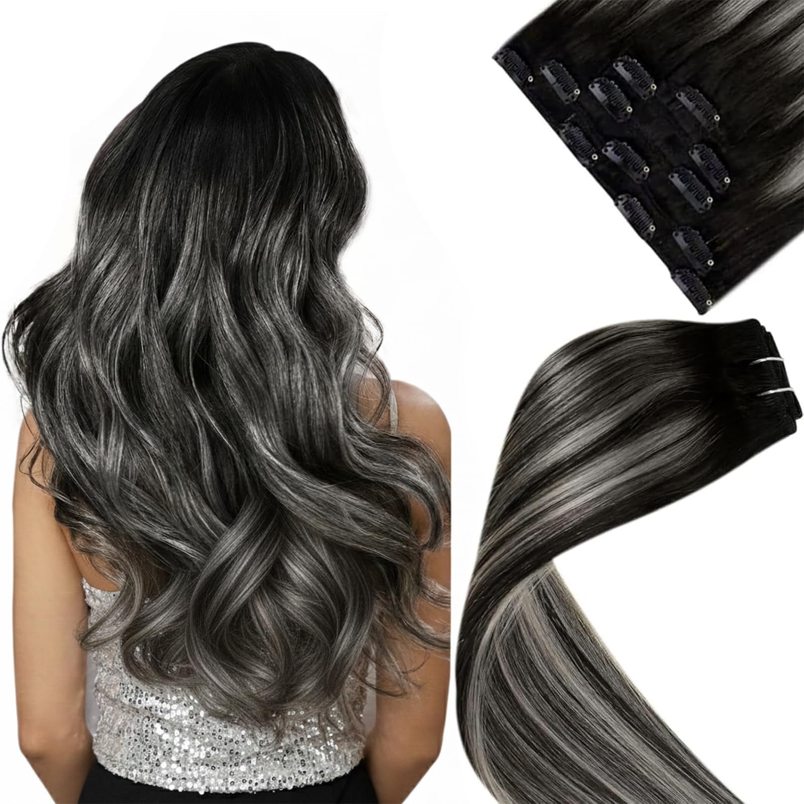 LaaVoo Hair Extensions Clip ins Ombre Off Black Fading to Silver Grey Balayage Clip in Hair Extensions 16 Inch 5pcs 80g