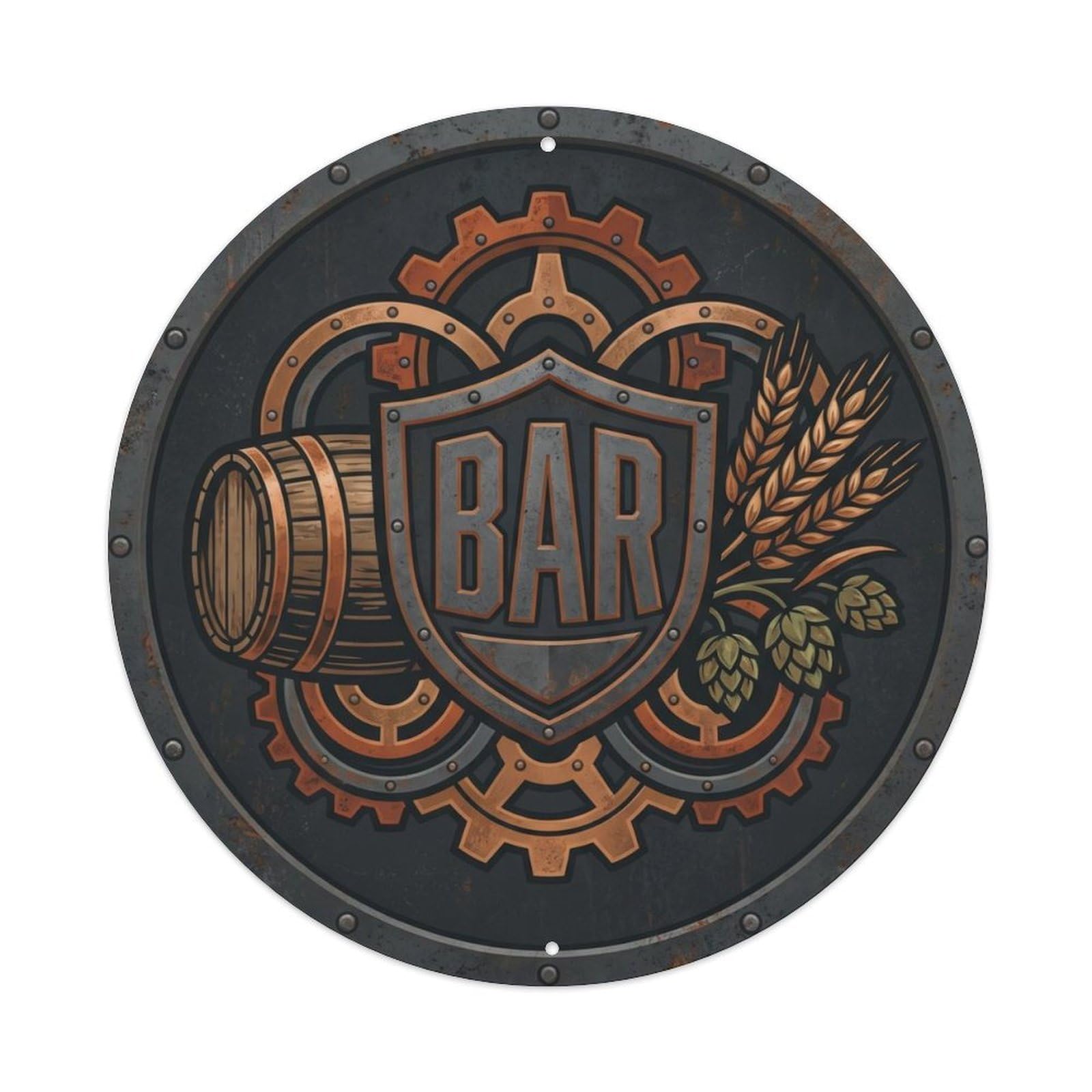 BAR Industrial Brewery Shield Metal Tin Sign Plaque Wall Decor for Cafe, Club Bar, Office, Home Garden Round Metal Poster 8x8Inch