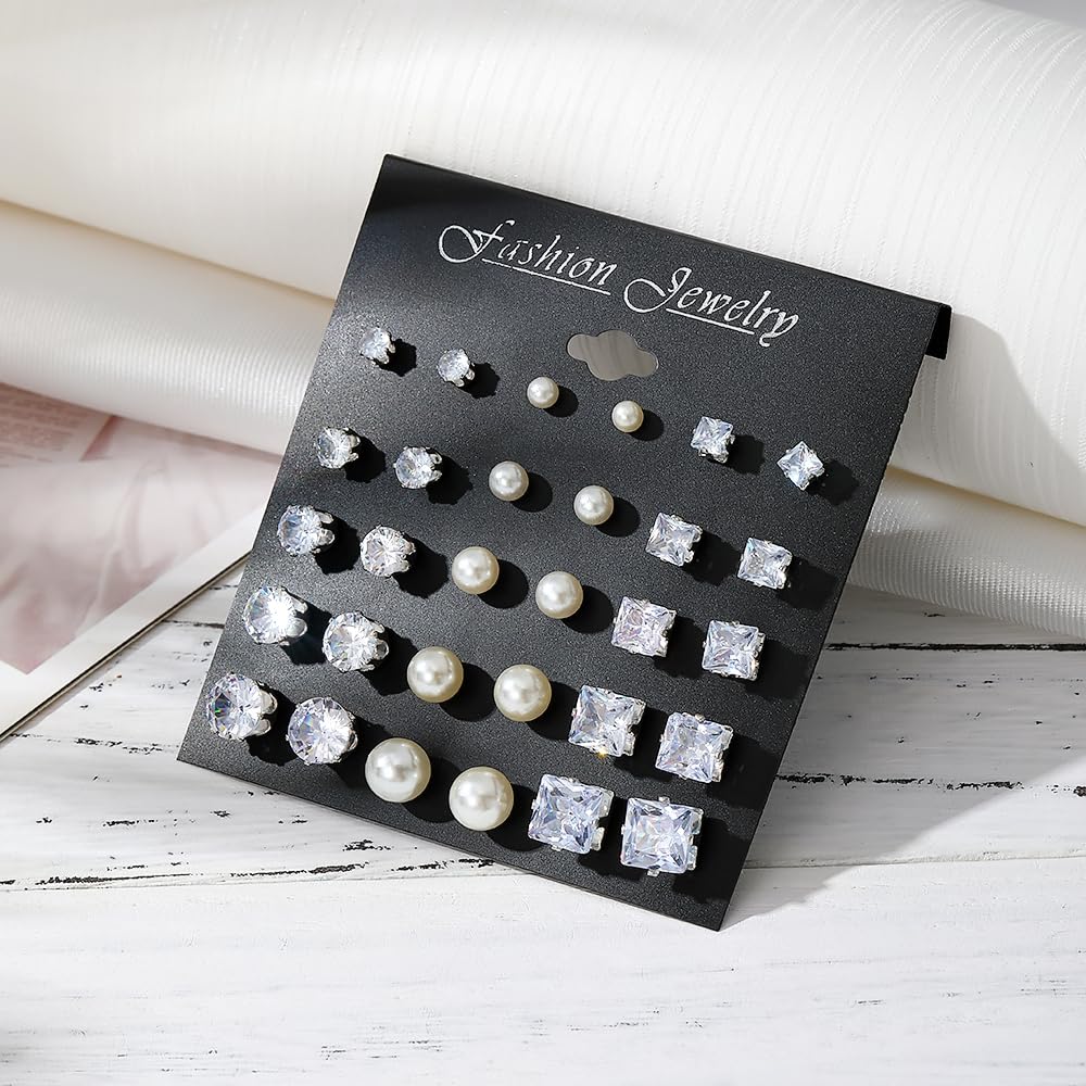 Juego de aretes tipo dormilona de plata para mujer, forma de lágrima triangular, cuadrados, redondos, con forma de lágrima, circonitas cúbicas transparentes, paquete de aretes de joyería de 2