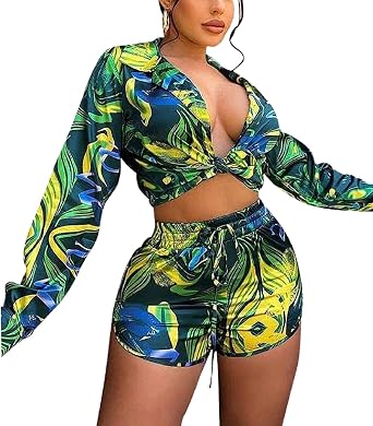 Glozeplus Womens 2 Piece Jumpsuit Floral Print Summer Long Sleeve Crop Top Bodycon Short Pant Set Outfits