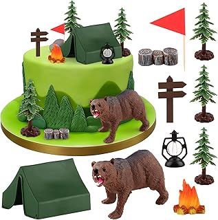 Hooqict Camping Cake Decorations with Mini Tent, Campfire, Tree, Camp Si...