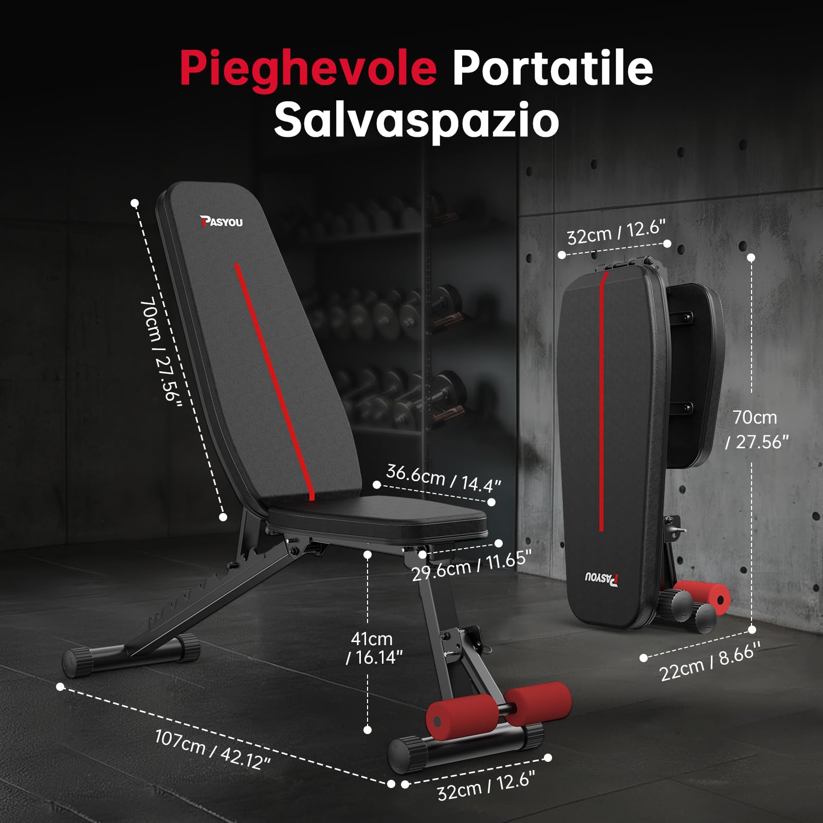 PASYOU Panca Palestra Pieghevole 10 Posizioni Regolabili 90 Gradi Verticale Multifunzionale Panca Piana per L'allenamento Completo del Corpo Panca per Addominali